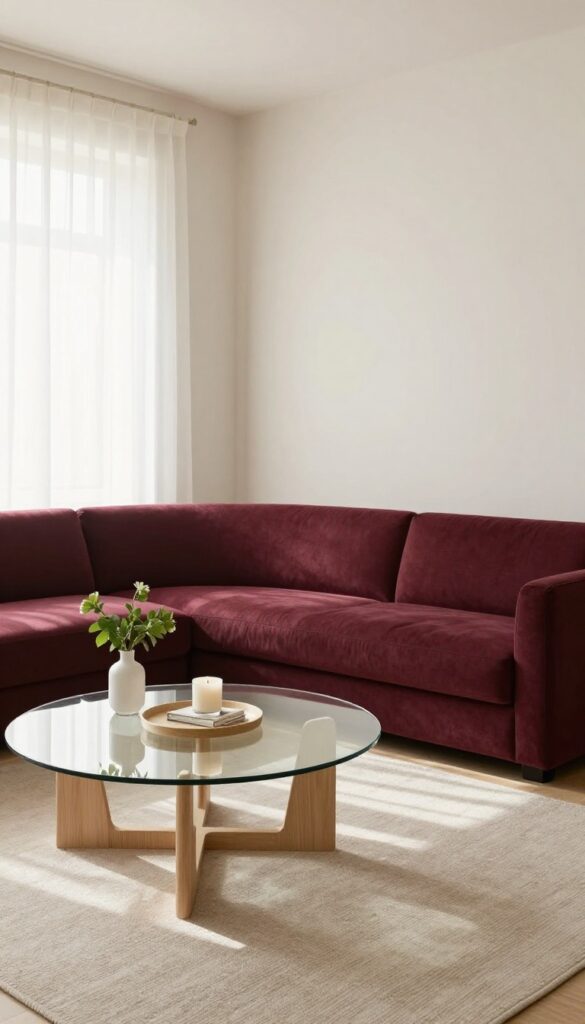 Living room with burgundy sofa and glass coffee table, bright natural light, airy feel