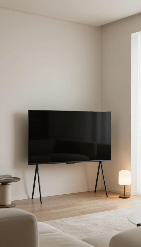 A living room corner with a TV mounted on a swivel bracket, pulled out and angled toward a sofa, with a side table and floor lamp in the corner.