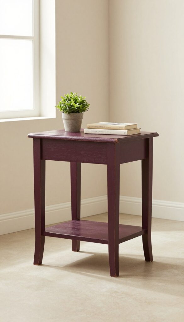 A purple painted vintage side table in a bright neutral living room