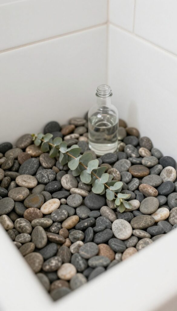Shower niche with river rock pebble backing, glass bottles, and eucalyptus in natural light