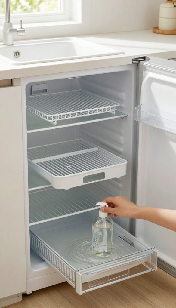 Removing refrigerator shelves and drawers for cleaning
