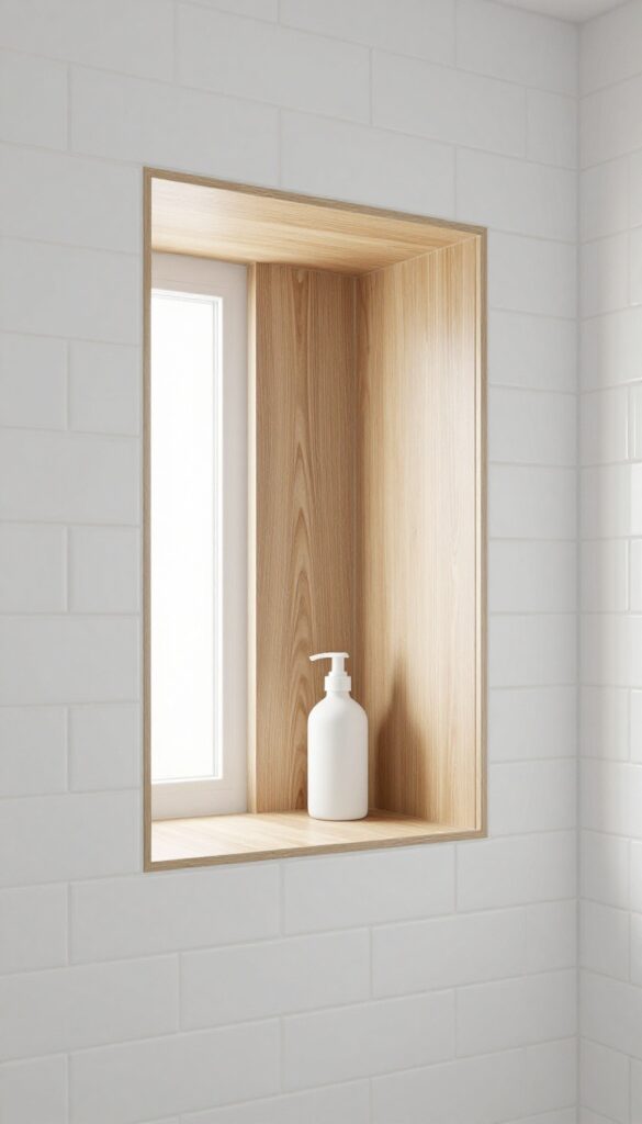 Wood-look tile niche in shower with white subway tile and teak shelf
