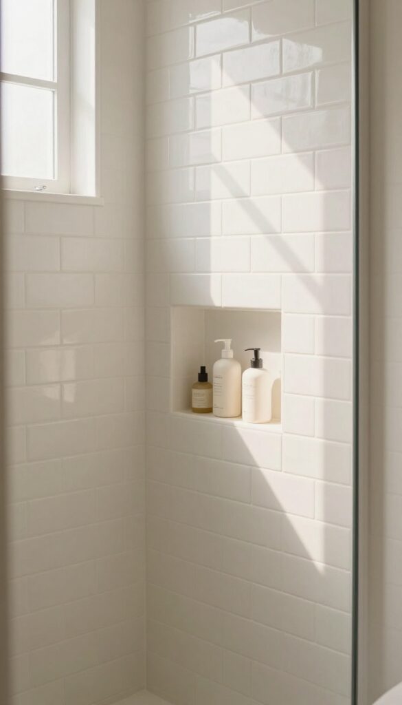 Small shower with built-in tiled niche for storage, natural light, clean design