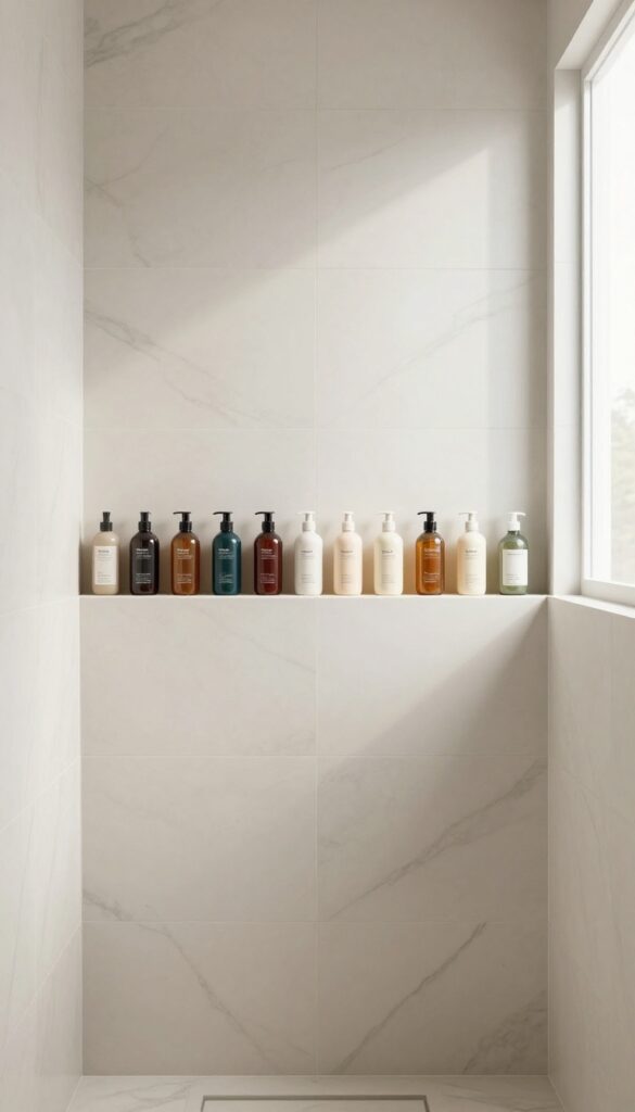 Linear shower niche with bottles arranged in a row on marble wall