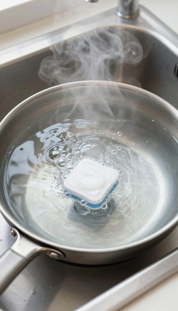 Dishwasher tablet dissolving in hot water in a frying pan with burnt bottom