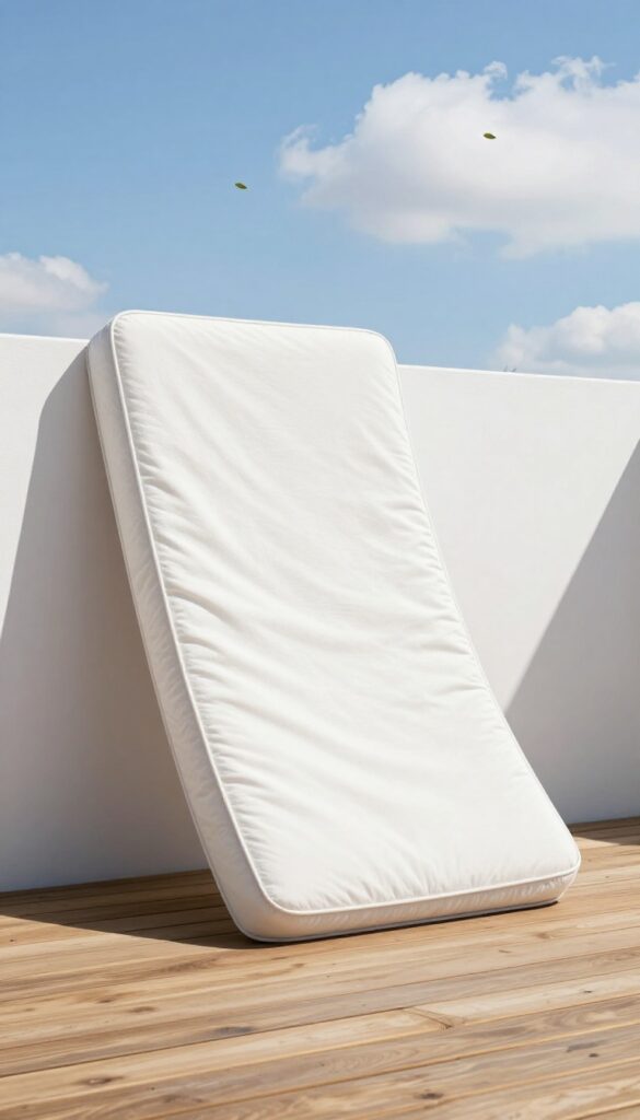 A mattress sun-drying on a deck under bright sunlight to kill dust mites naturally.