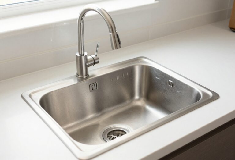 Sparkling clean kitchen sink with shiny stainless steel faucet and basin