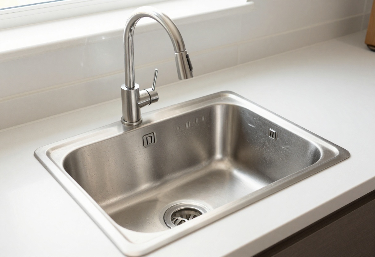 Sparkling clean kitchen sink with shiny stainless steel faucet and basin