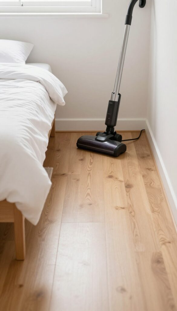Clean bedroom floor with vacuum cleaner near bed, bright natural light