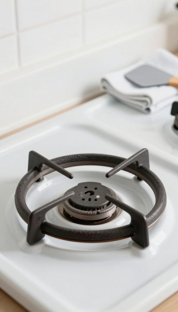 Clean electric coil burner with cleaning tools on a white stove