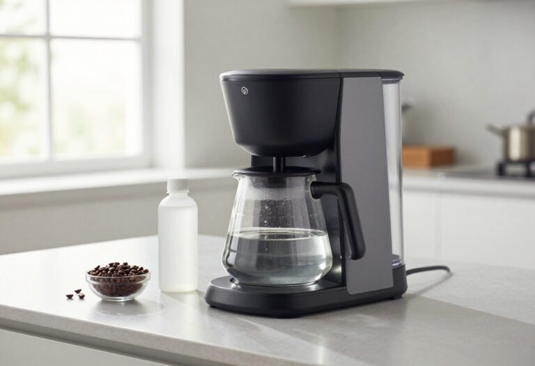 Coffee maker with vinegar bottle on kitchen counter