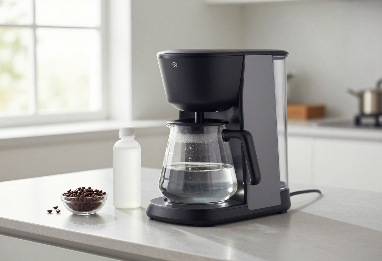 Coffee maker with vinegar bottle on kitchen counter