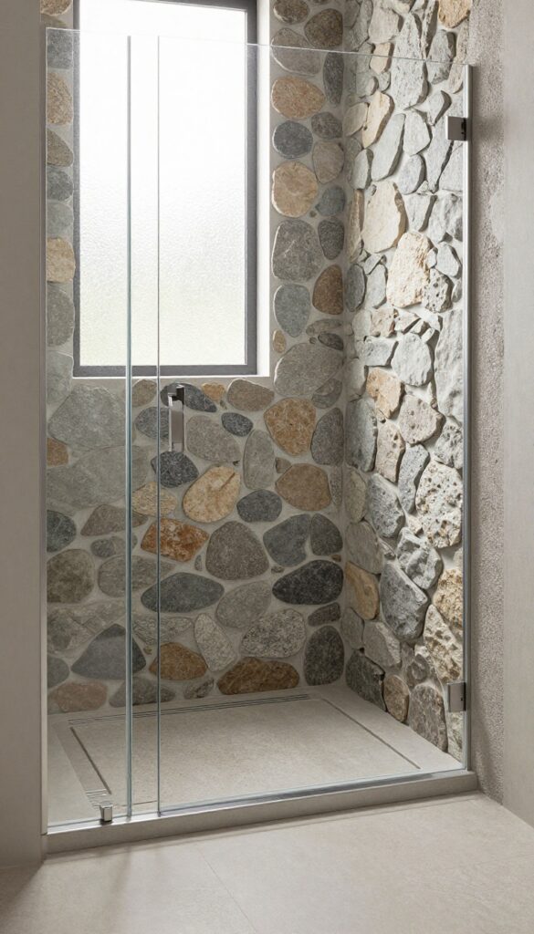 Floor-to-ceiling river rock shower wall with natural stones in grays and tans, light gray grout, natural light, minimalist bathroom design.