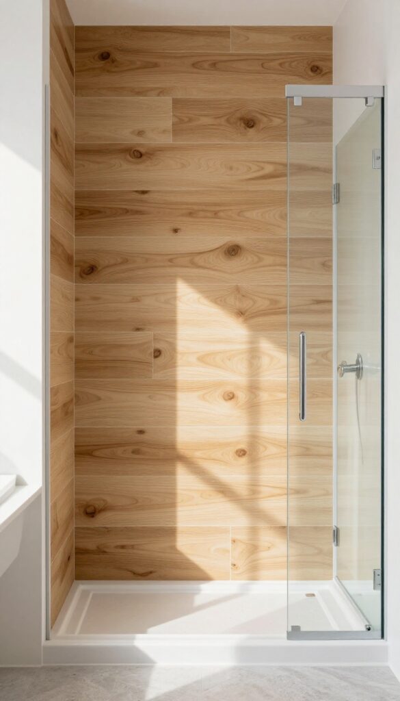 Modern bathroom shower with wood-look porcelain plank accent wall, white fixtures, and natural light