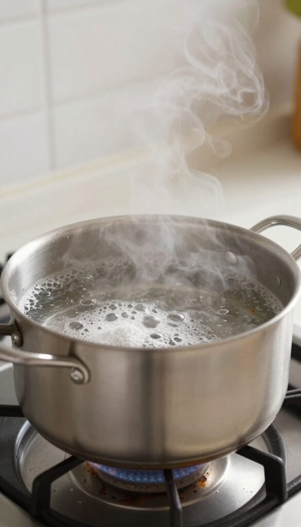 Boiling baking soda water in a burnt stainless steel pan on a stove