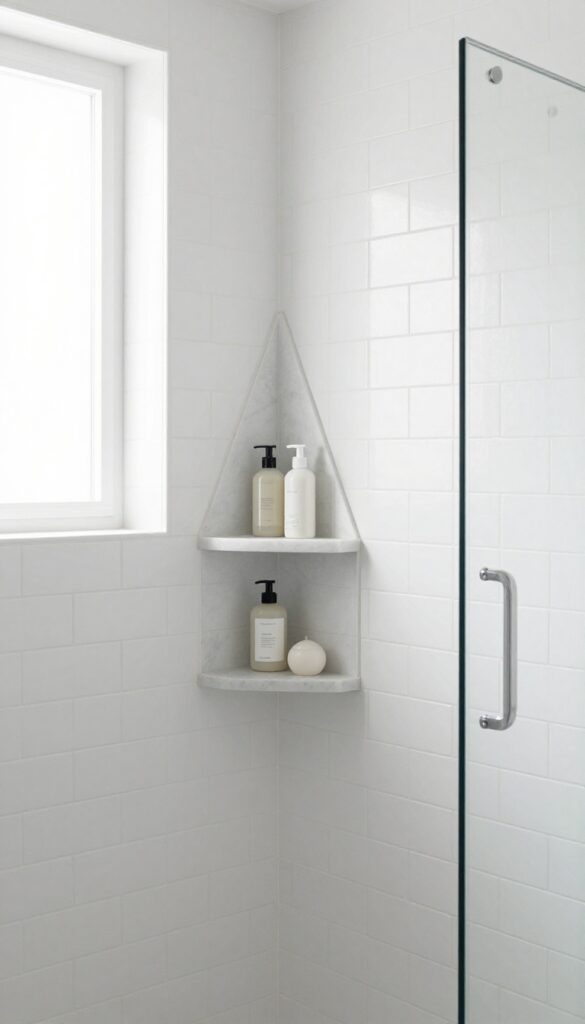 Recessed shelving in an awkward corner of a small shower, maximizing storage without protruding into the space.