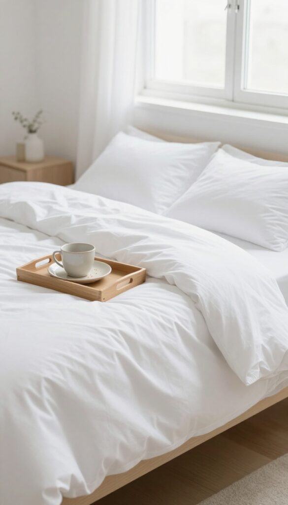 Clean bedroom with a tray holding a mug and plate on a nightstand, bright natural light