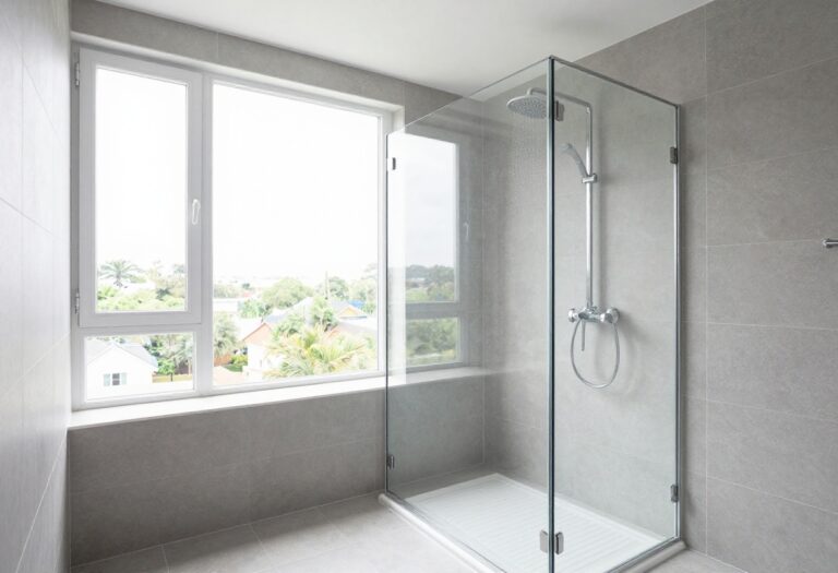 Modern bathroom shower with rainfall showerhead and frameless glass door