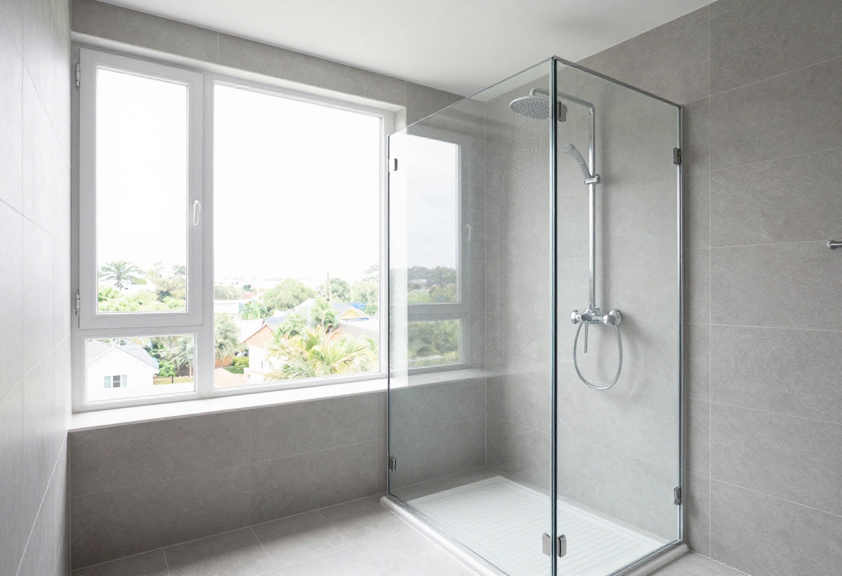 Modern bathroom shower with rainfall showerhead and frameless glass door