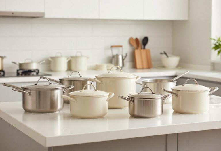Clean shiny pots and pans on a kitchen counter