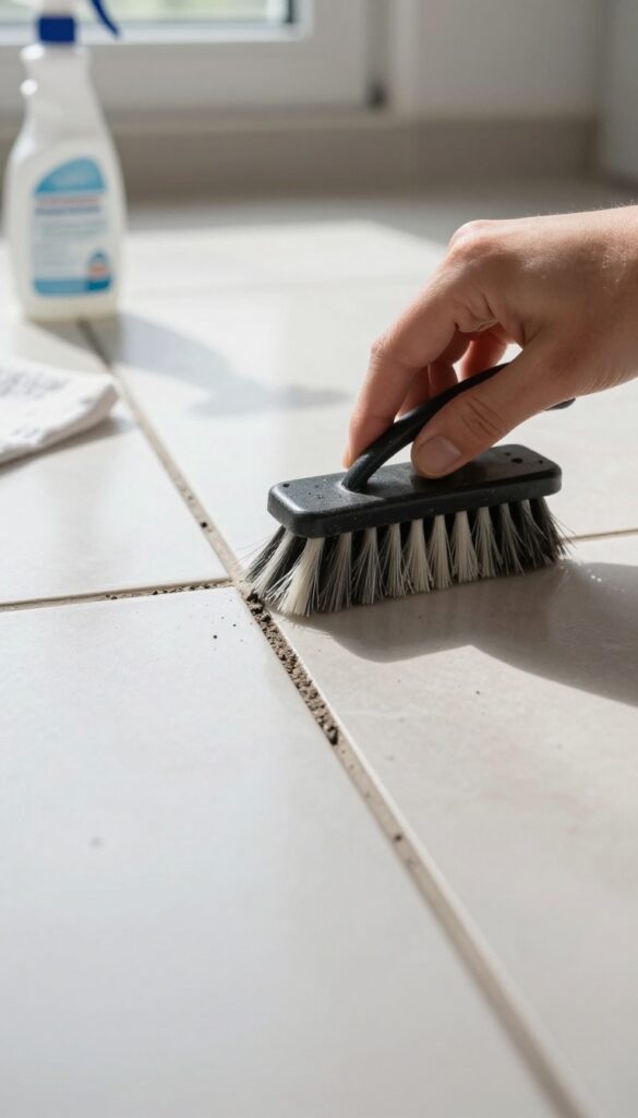 Hand scrubbing floor grout with a grout brush, before and after clean grout lines