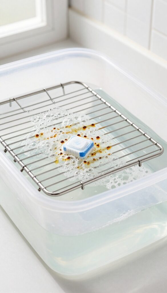 Oven rack soaking in hot water with a dissolving dishwasher tablet, grease and burnt spots loosening.
