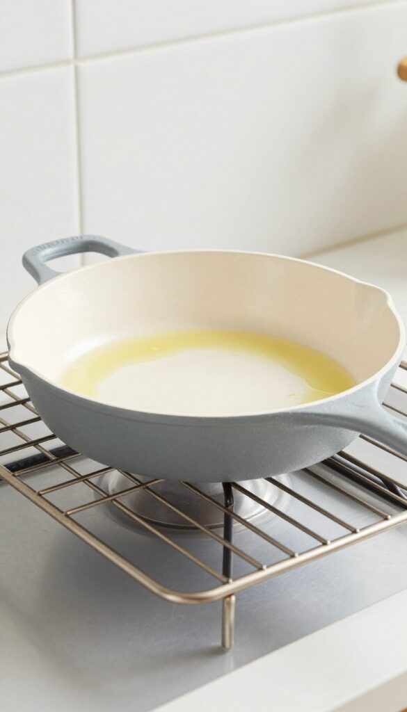 Cast iron skillet upside down in oven for seasoning