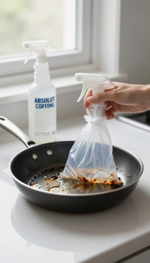 Stainless steel pan with carbonized grease inside a tied plastic bag with oven cleaner spray bottle nearby