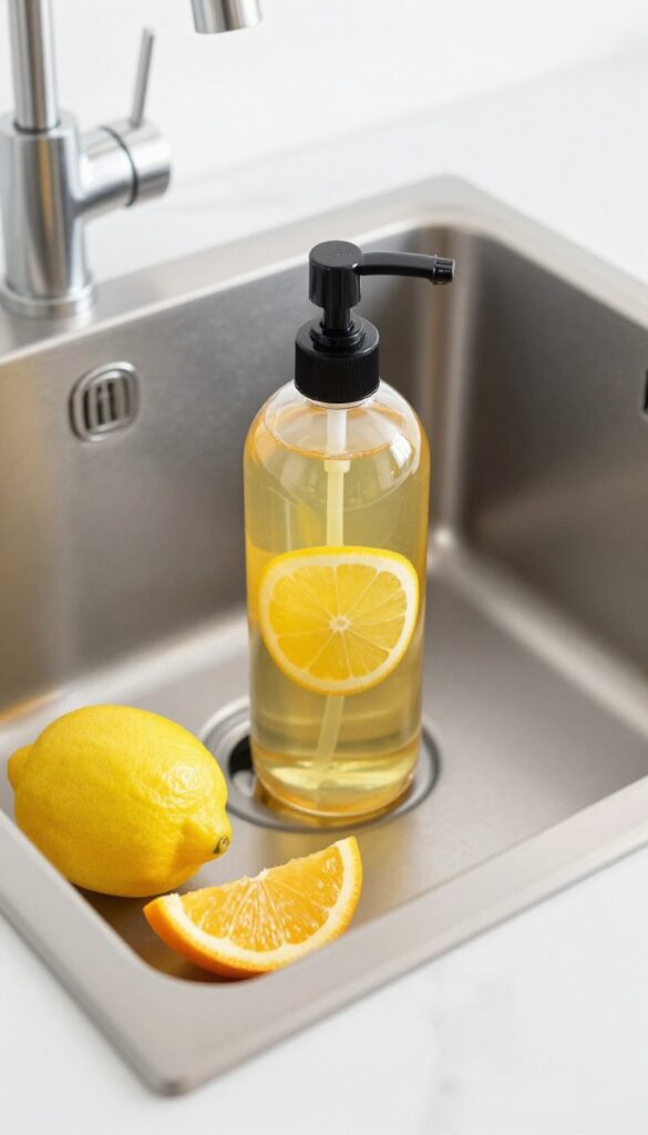 Citrus vinegar spray bottle and citrus peels on a clean kitchen counter