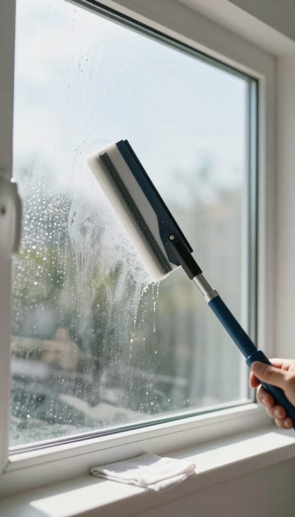 Person using squeegee in S pattern on window, streak-free clean glass