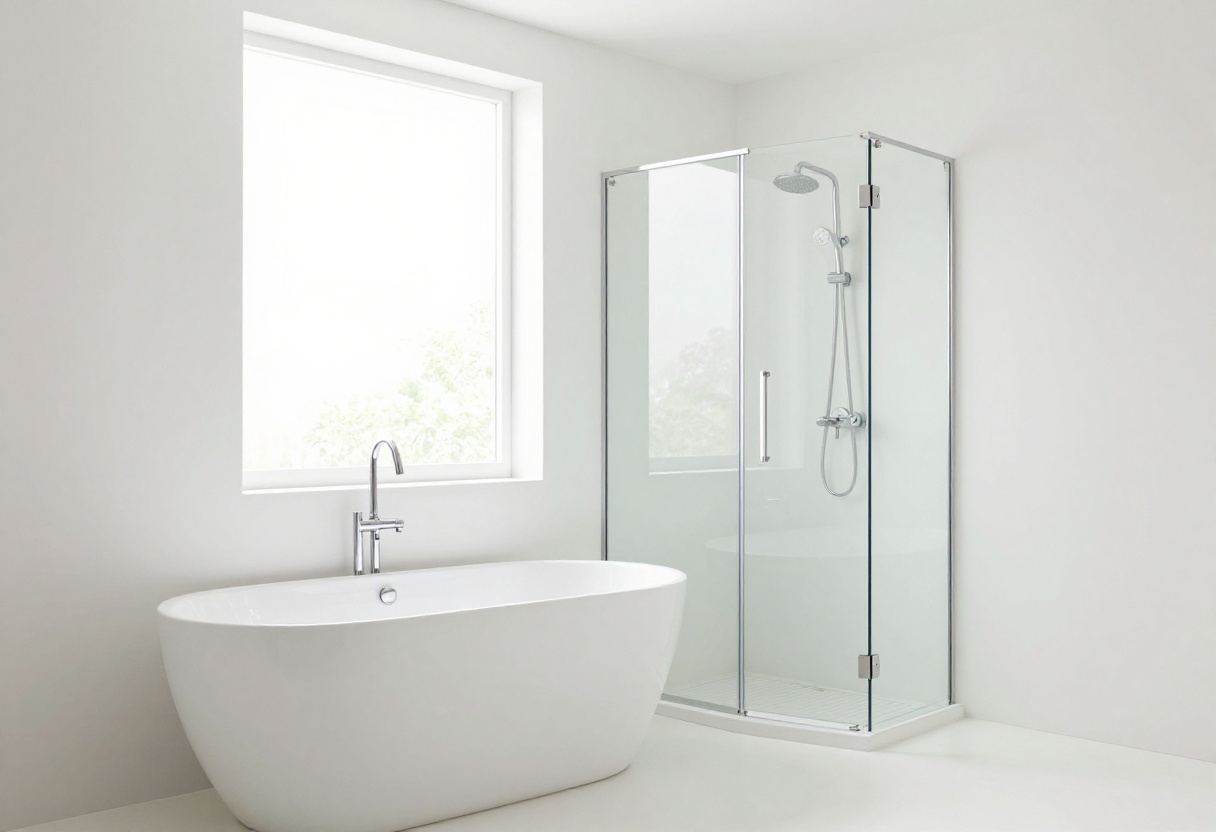 Modern bathroom with shower over bath setup featuring glass screen and handheld showerhead