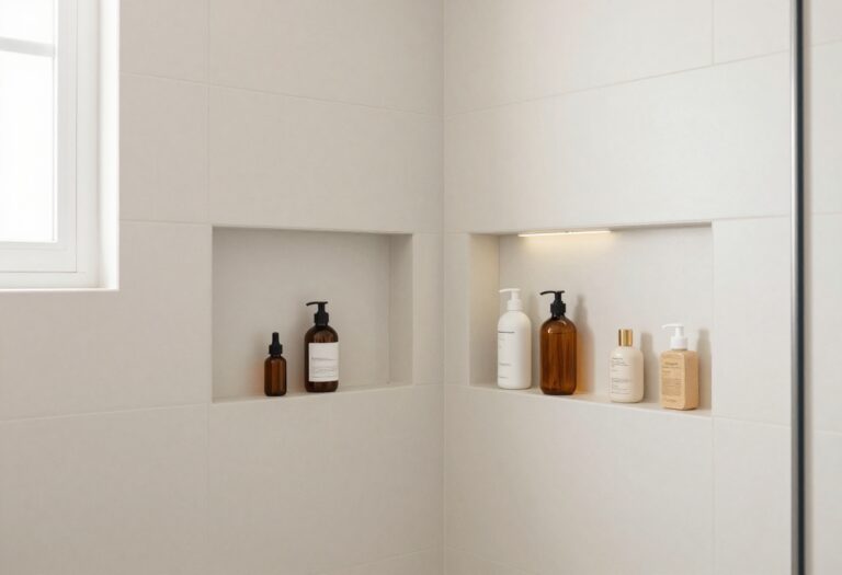 Modern shower with a built-in tile niche holding bottles