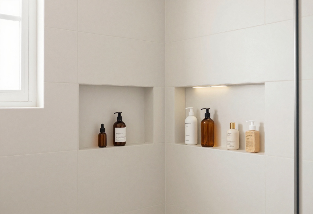 Modern shower with a built-in tile niche holding bottles