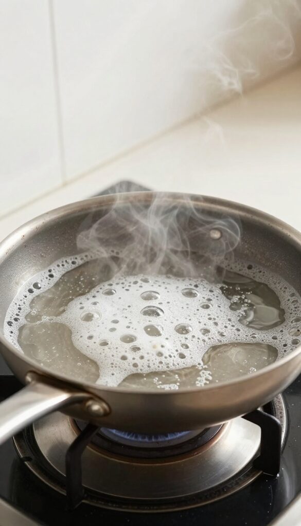 Stainless steel frying pan with soapy water boiling on stove to loosen burnt residue
