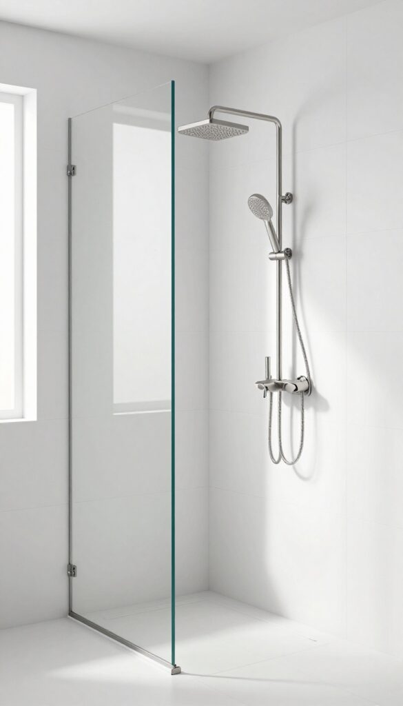 Modern bathroom with a multi-function shower panel featuring rainfall showerhead, body jets, and handheld spray in a compact walk-in shower.