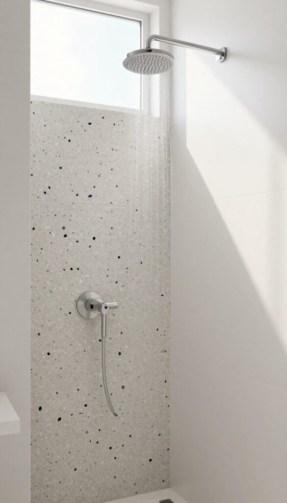 Modern bathroom shower with terrazzo accent wall in neutral tones and small speckles, natural light, clean design.