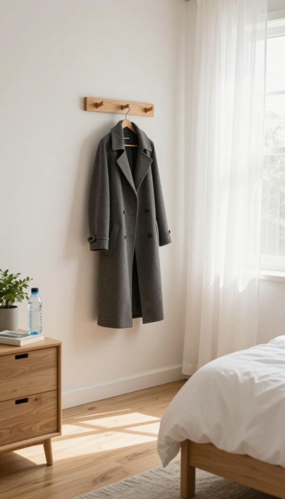 Clean bedroom with coat hanging on hook and water bottle on nightstand, illustrating the one-minute rule for tidiness.