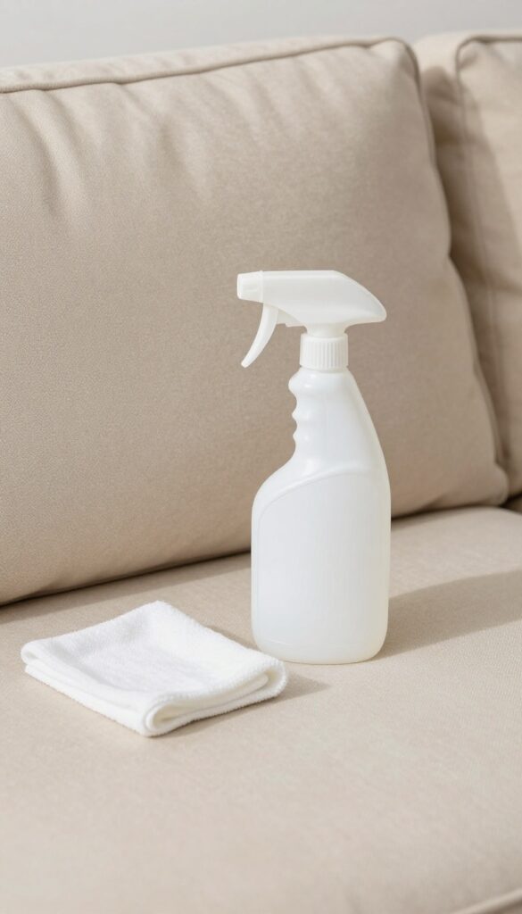 White vinegar spray bottle and cloth on a beige microfiber sofa for cleaning odors and stains
