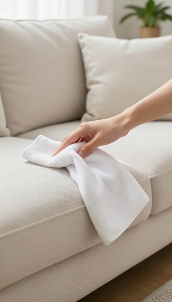 Person blotting a spill on a microfiber couch with a white cloth in a bright living room