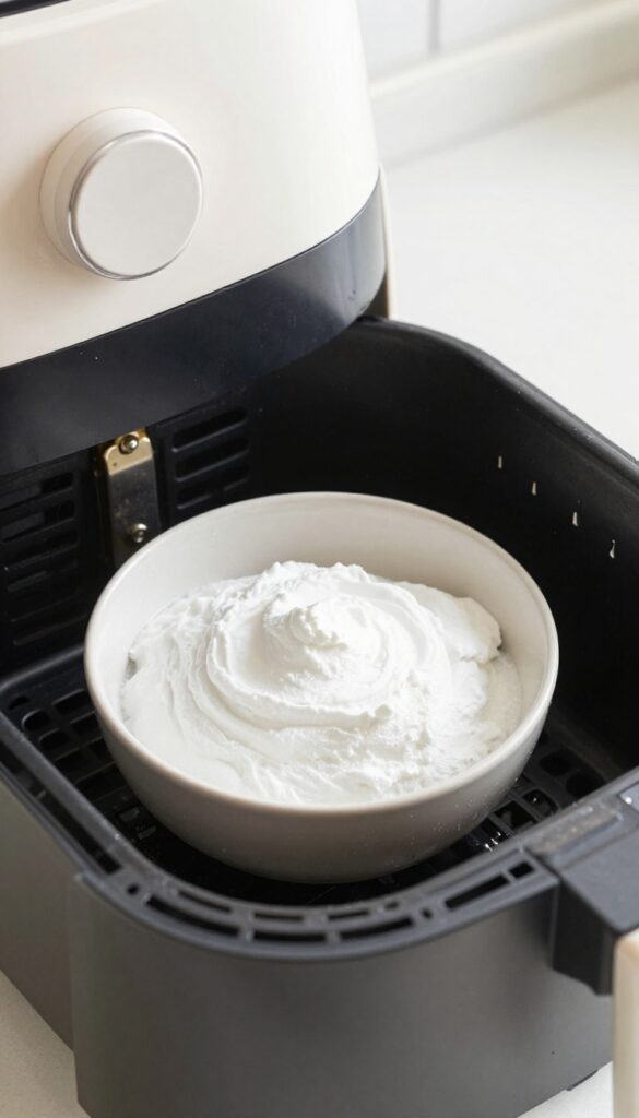 Baking soda paste in a bowl next to a clean air fryer basket and a soft sponge on a kitchen counter