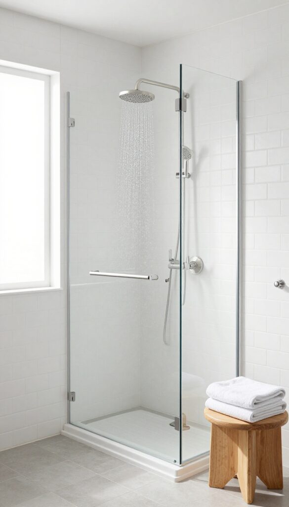 Modern bathroom with brushed nickel shower hardware and white subway tiles