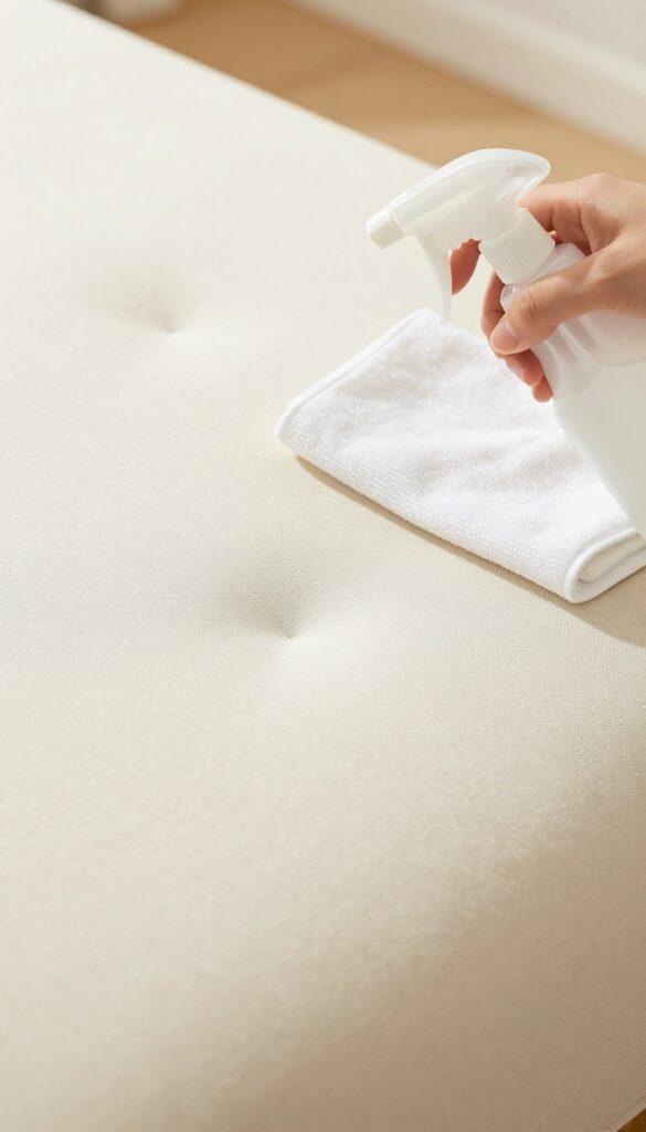 Clean microfiber couch cushion with spray bottle and cloth, gentle cleaning