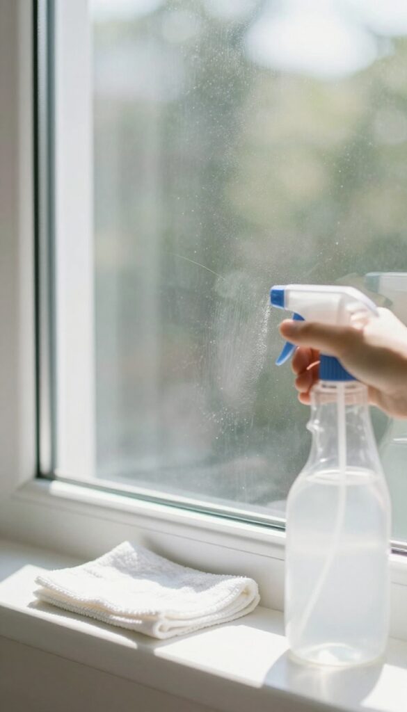 A person polishing a window with a microfiber cloth, sunlight shining through the clean glass, a spray bottle on the sill.