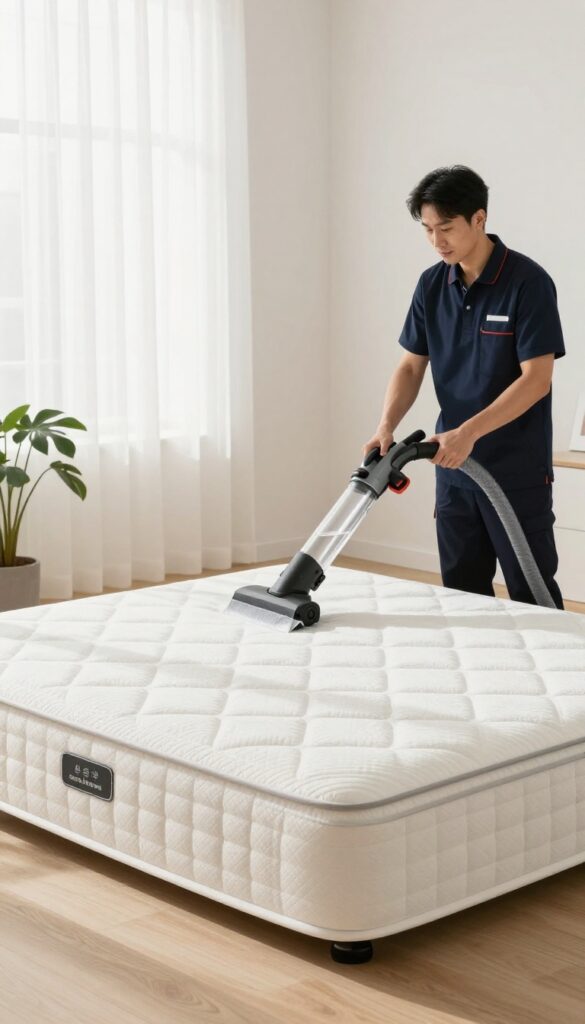 Professional mattress cleaning service using hot water extraction in a sunlit bedroom