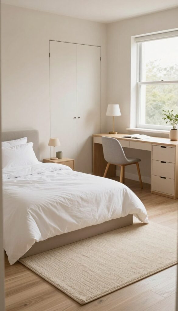 A clean bedroom viewed from the doorway with a perfectly aligned rug, closed drawers, and a chair pushed in, showcasing the final 2-minute scan and adjust step.