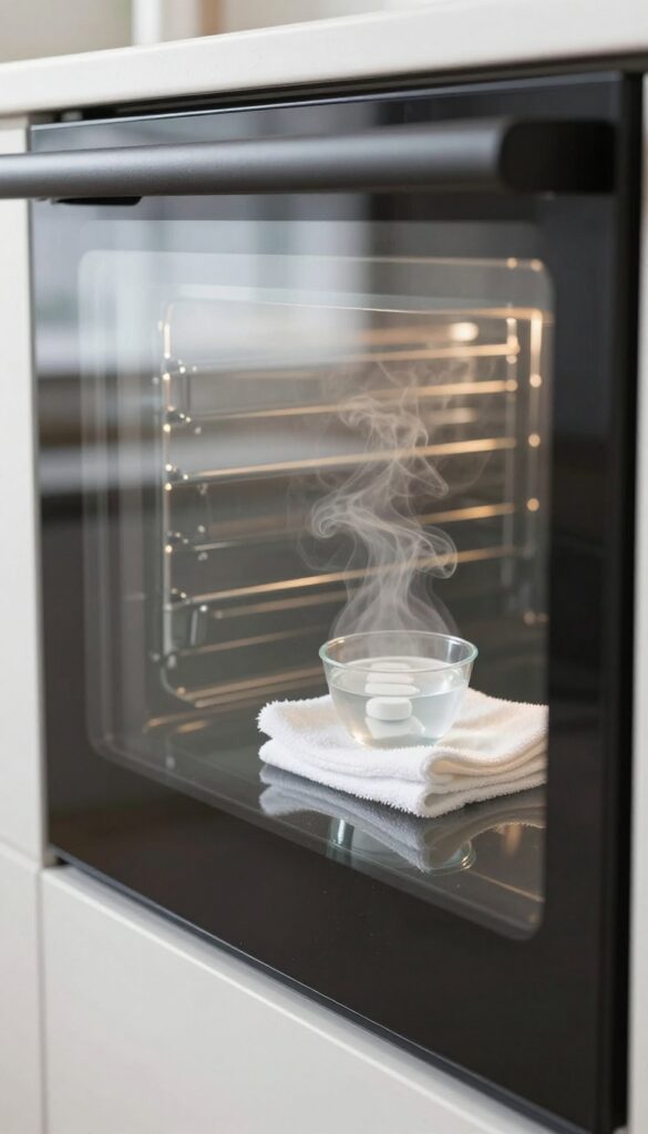A glass oven door being wiped clean with a microfiber cloth, with a bowl of hot water and a dissolving dishwasher tablet nearby.