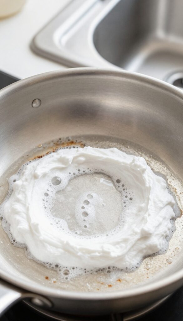 Baking soda and vinegar paste applied to the bottom of a frying pan to loosen burnt-on grime