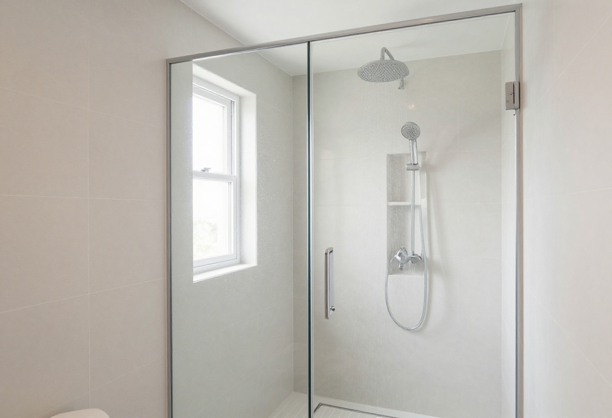 Small bathroom with a walk-in shower featuring frameless glass and a rain showerhead