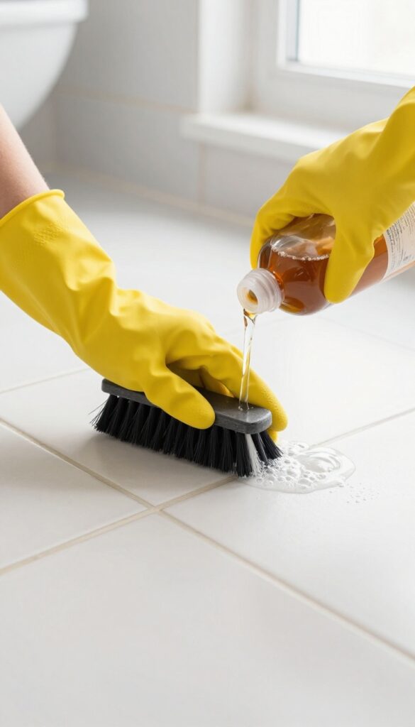 Person scrubbing tile grout with hydrogen peroxide and a brush in a bright bathroom