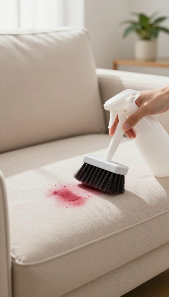 Cleaning a red wine stain on a microfiber sofa with upholstery cleaner and a soft brush